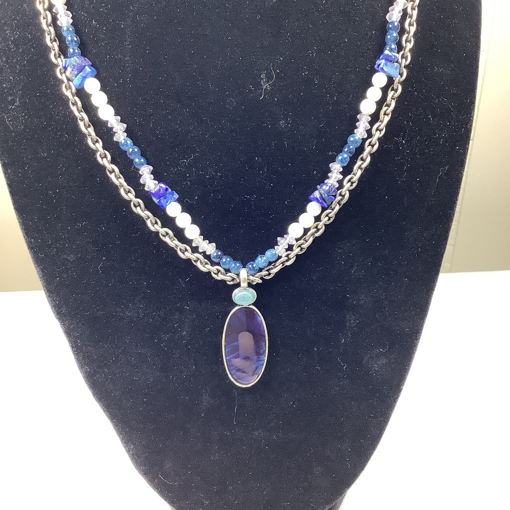 Amethyst Pearl Double Chain Pendant Necklace